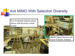 4x4 MIMO With Selection Diversity

Two 8-element antenna arrays
shown with diversity switch
boards




                               MIMO Signal Sources and
                               4-port Transmit Antenna
 
