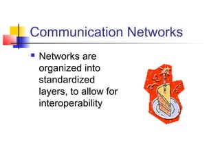 Communication Networks
   Networks are
    organized into
    standardized
    layers, to allow for
    interoperability
 