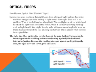 OPTICAL FIBERS
How Does an Optical Fiber Transmit Light?
Suppose you want to shine a flashlight beam down a long, straight hallway. Just point
the beam straight down the hallway -- light travels in straight lines, so it is no
problem. What if the hallway has a bend in it? You could place a mirror at the bend
to reflect the light beam around the corner. What if the hallway is very winding
with multiple bends? You might line the walls with mirrors and angle the beam so
that it bounces from side-to-side all along the hallway. This is exactly what happens
in an optical fiber.
The light in a fiber-optic cable travels through the core (hallway) by constantly
bouncing from the cladding (mirror-lined walls), a principle called total
internal reflection. Because the cladding does not absorb any light from the
core, the light wave can travel great distances.
 