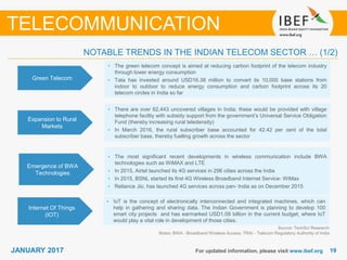 1919JANUARY 2017 For updated information, please visit www.ibef.org
NOTABLE TRENDS IN THE INDIAN TELECOM SECTOR … (1/2)
TELECOMMUNICATION
Green Telecom
• The green telecom concept is aimed at reducing carbon footprint of the telecom industry
through lower energy consumption
• Tata has invested around USD16.38 million to convert its 10,000 base stations from
indoor to outdoor to reduce energy consumption and carbon footprint across its 20
telecom circles in India so far
Expansion to Rural
Markets
• There are over 62,443 uncovered villages in India; these would be provided with village
telephone facility with subsidy support from the government’s Universal Service Obligation
Fund (thereby increasing rural teledensity)
• In March 2016, the rural subscriber base accounted for 42.42 per cent of the total
subscriber base, thereby fuelling growth across the sector
• The most significant recent developments in wireless communication include BWA
technologies such as WiMAX and LTE
• In 2015, Airtel launched its 4G services in 296 cities across the India
• In 2015, BSNL started its first 4G Wireless Broadband Internet Service- WiMax
• Reliance Jio, has launched 4G services across pan- India as on December 2015
Source: TechSci Research
Notes: BWA - Broadband Wireless Access, TRAI - Telecom Regulatory Authority of India
Emergence of BWA
Technologies
• IoT is the concept of electronically interconnected and integrated machines, which can
help in gathering and sharing data. The Indian Government is planning to develop 100
smart city projects and has earmarked USD1.09 billion in the current budget, where IoT
would play a vital role in development of those cities.
Internet Of Things
(IOT)
 