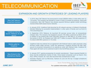 3838JUNE 2017 For updated information, please visit www.ibef.org
EXPANSION AND GROWTH STRATEGIES OF LEADING PLAYERS
TELECOMMUNICATION
New Call Telecom
Investment decision
• In 2015, New Call Telecom has announced to invest US$300 million in India within next 12-
18 months. The company has decided to invest in India to increase its presence. Along with
investments, New Call Telecom has already acquired Nimbuzz (global mobile technology
brand) & New Delhi based Ozone networks
Vodafone India 4G
launch, Reliance Jio 4G
launch
• In January 2016, Vodafone India launched its 4G network services in Kolkata & Kozhikode
(Kerala) following its successful implementation in other parts of Kerala such as Kochi &
Thiruvananthapuram
• In September 2016, Reliance Jio launched 4G services across India, at comparatively
cheaper rates. The company has targeted to acquire 100 million customers by March 2017.
In addition to the existing plan India 2300 MHz spectrum & 1800 MHz in 14 circles, during
the auction in 2016, Jio invested over US$1,527.7 million to acquire 1800 MHz spectrum in
6 circles & 800 MHz spectrum in 10 circles
Mobile wallet by
Vodafone
• Vodafone India has entered into an agreement with Walmart India to make payments using
M-Pesa mobile wallet services. Under this agreement, Vodafone M-Pesa will offer safe,
secure & convenient transactions & on placing an order with Walmart India, Vodafone M-
Pesa agent will reach out to customer & cash in into his M-Pesa account
Source: Thomson Banker, Deal Tracker, TechSci Research
Note: M&A - Merger and Acquisition
New Entrant in the
Smartphone Market
• In January 2017, gaming accessories & console manufacturer - Razer acquired Nextbit, to
foray into the smartphone market of India. China based companies such as Xiaomi, One
Plus, OPPO, Huawei, etc. have also launched their smartphones in India.
• Domestic Players such as Micromax, Karbonn & Lava are the top 3 budget smartphone
companies in India
 