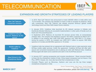 3838MARCH 2017 For updated information, please visit www.ibef.org
EXPANSION AND GROWTH STRATEGIES OF LEADING PLAYERS
TELECOMMUNICATION
New Call Telecom
Investment decision
• In 2015, New Call Telecom has announced to invest USD300 million in India within next
12-18 months. The company has decided to invest in India to increase its presence. Along
with investments, New Call Telecom has already acquired Nimbuzz (global mobile
technology brand) and New Delhi based Ozone networks
Vodafone India 4G
launch, Reliance Jio 4G
launch
• In January 2016, Vodafone India launched its 4G network services in Kolkata and
Kozhikode (Kerala) following its successful implementation in other parts of Kerala such as
Kochi and Thiruvananthapuram
• In September 2016, Reliance Jio launched 4G services across India, at comparatively
cheaper rates. The company has targeted to acquire 100 million customers by March 2017.
In addition to the existing plan India 2300 MHz spectrum and 1800 MHz in 14 circles,
during the auction in 2016, Jio invested over USD1,527.7 million to acquire 1800 MHz
spectrum in 6 circles and 800 MHz spectrum in 10 circles
Mobile wallet by
Vodafone
• Vodafone India has entered into an agreement with Walmart India to make payments using
M-Pesa mobile wallet services. Under this agreement, Vodafone M-Pesa will offer safe,
secure and convenient transactions and on placing an order with Walmart India, Vodafone
M-Pesa agent will reach out to customer and cash in into his M-Pesa account
Source: Thomson Banker, Deal Tracker, TechSci Research
Note: M&A - Merger and Acquisition
New Entrant in the
Smartphone Market
• In January 2017, gaming accessories and console manufacturer - Razer acquired Nextbit,
to foray into the smartphone market of India. China based companies such as Xiaomi, One
Plus, OPPO, Huawei, etc. have also launched their smartphones in India.
• Domestic Players such as Micromax, Karbonn and Lava are the top three budget
smartphone companies in India
 