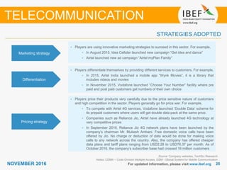 2525NOVEMBER 2016 For updated information, please visit www.ibef.org
STRATEGIES ADOPTED
Source: Company websites, TechSci Research
Notes: CDMA – Code Division Multiple Access, GSM - Global System for Mobile Communication
TELECOMMUNICATION
• Players are using innovative marketing strategies to succeed in this sector. For example,
• In August 2015, Idea Cellular launched new campaign “Get idea and dance”
• Airtel launched new ad campaign “Airtel myPlan Family”
• Players differentiate themselves by providing different services to customers. For example,
• In 2015, Airtel India launched a mobile app “Wynk Movies”, it is a library that
includes videos and movies
• In November 2015, Vodafone launched “Choose Your Number” facility where pre
paid and post paid customers get numbers of their own choice
• Players price their products very carefully due to the price sensitive nature of customers
and high competition in the sector. Players generally go for price war. For example,
• To compete with Airtel 4G services, Vodafone launched ‘Double Data’ scheme for
its prepaid customers where users will get double data pack at the same price.
• Companies such as Reliance Jio, Airtel have already launched 4G technology at
very competitive prices
• In September 2016, Reliance Jio 4G network plans have been launched by the
company’s chairman Mr. Mukesh Ambani. Free domestic voice calls have been
offered by Jio. No charge or deduction of data would be done for making voice
calls to any network across the country. Also, the company has offered cheaper
data plans and tariff plans ranging from USD2.28 to USD76.37 per month. As of
October 2016, the company’s subscriber base had crossed 16 million customers
Marketing strategy
Differentiation
Pricing strategy
 