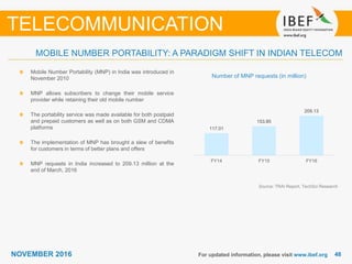 4848NOVEMBER 2016
MOBILE NUMBER PORTABILITY: A PARADIGM SHIFT IN INDIAN TELECOM
For updated information, please visit www.ibef.org
TELECOMMUNICATION
Mobile Number Portability (MNP) in India was introduced in
November 2010
MNP allows subscribers to change their mobile service
provider while retaining their old mobile number
The portability service was made available for both postpaid
and prepaid customers as well as on both GSM and CDMA
platforms
The implementation of MNP has brought a slew of benefits
for customers in terms of better plans and offers
MNP requests in India increased to 209.13 million at the
end of March, 2016
Source: TRAI Report, TechSci Research
Number of MNP requests (in million)
117.01
153.85
209.13
FY14 FY15 FY16
 