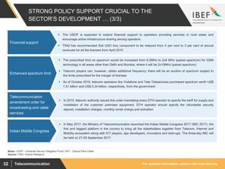 For updated information, please visit www.ibef.orgTelecommunication32
STRONG POLICY SUPPORT CRUCIAL TO THE
SECTOR’S DEVELOPMENT … (3/3)
 The USOF is expected to extend ﬁnancial support to operators providing services in rural areas and
encourage active infrastructure sharing among operators
 TRAI has recommended that USO levy component to be reduced from 5 per cent to 3 per cent of annual
revenues for all the licenses from April 2015
Financial support
Source: TRAI, Aranca Research
 The prescribed limit on spectrum would be increased from 6.2MHz to 2x8 MHz (paired spectrum) for GSM
technology in all areas other than Delhi and Mumbai, where it will be 2x10MHz (paired spectrum)
 Telecom players can, however, obtain additional frequency; there will be an auction of spectrum subject to
the limits prescribed for the merger of licenses
 As of October 2016, telecom operators like Vodafone and Tata Teleservices purchased spectrum worth US$
1.51 billion and US$ 0.34 billion, respectively, from the government
Enhanced spectrum limit
 In 2015, telecom authority issued this order mandating every DTH operator to specify the tariff for supply and
installation of the customer premises equipment. DTH operator should specify the refundable security
deposit, installation charges, monthly rental charge and activation
Telecommunication
amendment order for
broadcasting and cable
services
Notes: USOF - Universal Service Obligation Fund; OFC - Optical Fibre Cable
 In May 2017, the Ministry of Telecommunication launched the Indian Mobile Congress 2017 (IMC 2017), the
first and biggest platform in the country to bring all the stakeholders together from Telecom, Internet and
Mobility ecosystem along with ICT players, app developers, innovators and start-ups. The three-day IMC will
be held on 27-29 September 2017.
Indian Mobile Congress
 