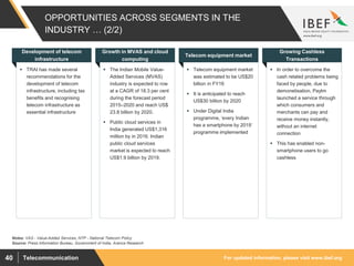 For updated information, please visit www.ibef.orgTelecommunication40
OPPORTUNITIES ACROSS SEGMENTS IN THE
INDUSTRY … (2/2)
 TRAI has made several
recommendations for the
development of telecom
infrastructure, including tax
benefits and recognising
telecom infrastructure as
essential infrastructure
Development of telecom
infrastructure
 The Indian Mobile Value-
Added Services (MVAS)
industry is expected to row
at a CAGR of 18.3 per cent
during the forecast period
2015–2020 and reach US$
23.8 billion by 2020.
 Public cloud services in
India generated US$1,316
million by in 2016. Indian
public cloud services
market is expected to reach
US$1.9 billion by 2019.
Growth in MVAS and cloud
computing
 Telecom equipment market
was estimated to be US$20
billion in FY16
 It is anticipated to reach
US$30 billion by 2020
 Under Digital India
programme, ‘every Indian
has a smartphone by 2019’
programme implemented
Telecom equipment market
 In order to overcome the
cash related problems being
faced by people, due to
demonetisation, Paytm
launched a service through
which consumers and
merchants can pay and
receive money instantly,
without an internet
connection
 This has enabled non-
smartphone users to go
cashless
Growing Cashless
Transactions
Source: Press Information Bureau, Government of India, Aranca Research
Notes: VAS - Value-Added Services, NTP - National Telecom Policy
 