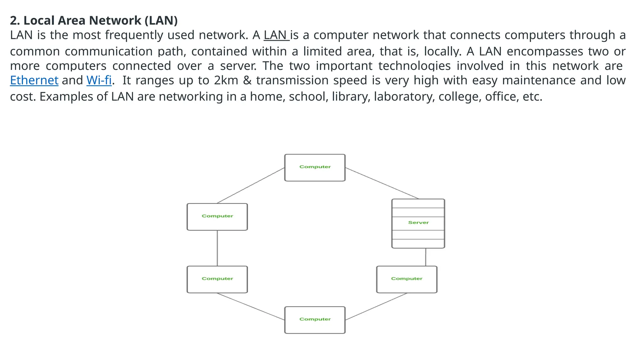 2. Local Area Network (LAN)
LAN is the most frequently used network. A LAN is a computer network that connects computers through a
common communication path, contained within a limited area, that is, locally. A LAN encompasses two or
more computers connected over a server. The two important technologies involved in this network are
Ethernet and Wi-fi. It ranges up to 2km & transmission speed is very high with easy maintenance and low
cost. Examples of LAN are networking in a home, school, library, laboratory, college, office, etc.
 