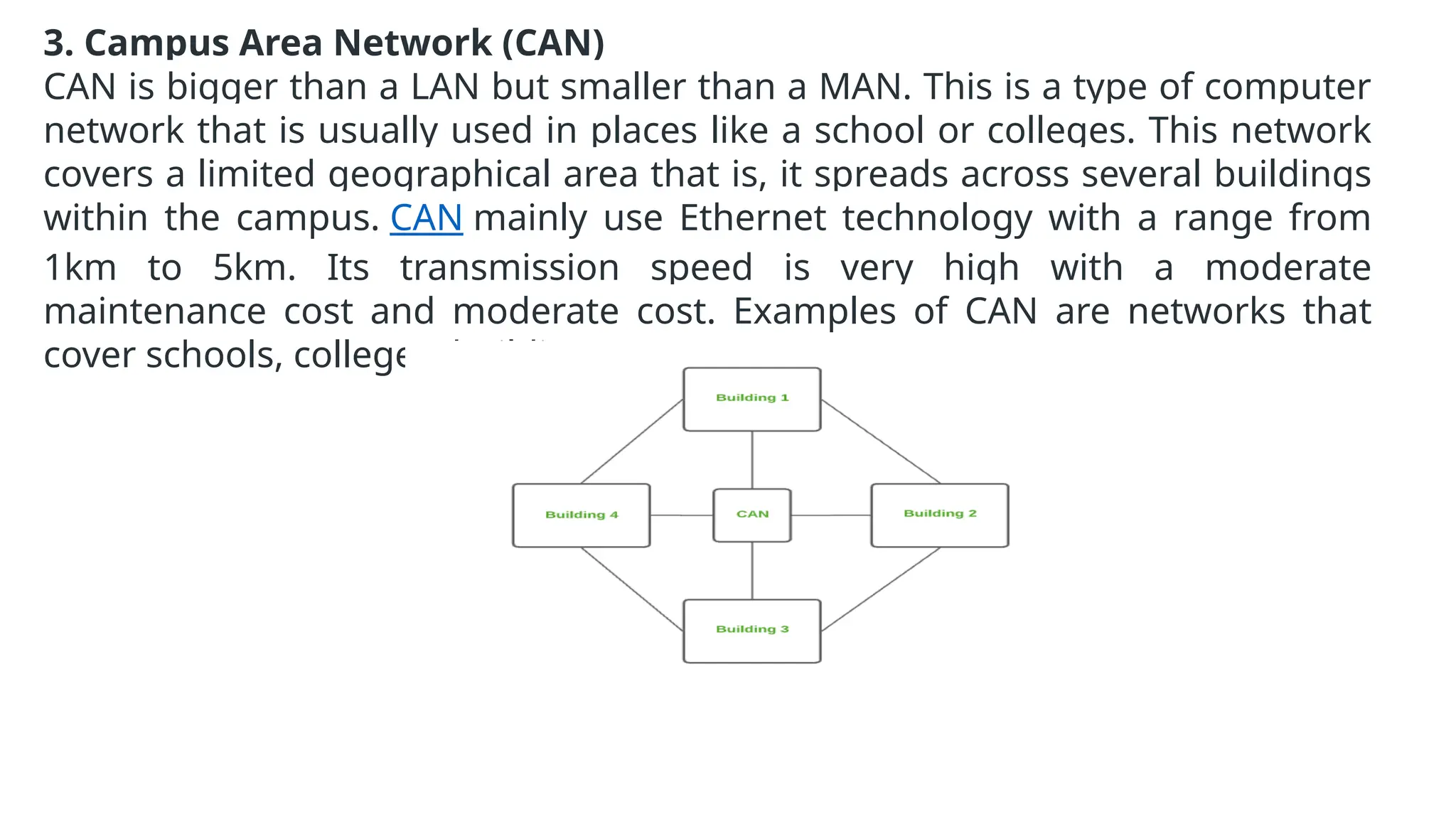 3. Campus Area Network (CAN)
CAN is bigger than a LAN but smaller than a MAN. This is a type of computer
network that is usually used in places like a school or colleges. This network
covers a limited geographical area that is, it spreads across several buildings
within the campus. CAN mainly use Ethernet technology with a range from
1km to 5km. Its transmission speed is very high with a moderate
maintenance cost and moderate cost. Examples of CAN are networks that
cover schools, colleges, buildings, etc.
 