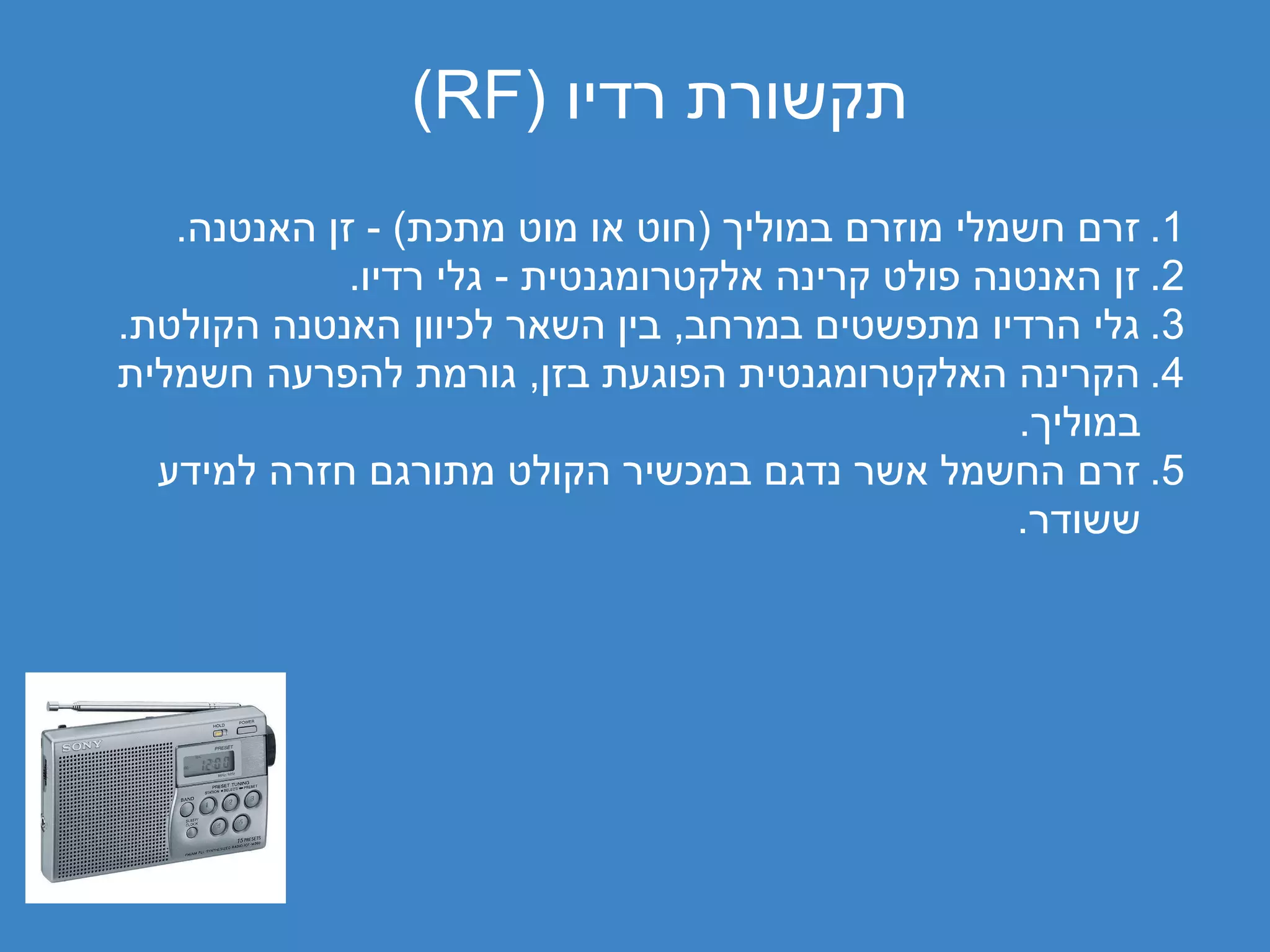 ‫תקשורת רדיו )‪(RF‬‬
   ‫1. זרם חשמלי מוזרם במוליך )חוט או מוט מתכת( - זן האנטנה.‬
             ‫2. זן האנטנה פולט קרינה אלקטרומגנטית - גלי רדיו.‬
‫3. גלי הרדיו מתפשטים במרחב, בין השאר לכיוון האנטנה הקולטת.‬
‫4. הקרינה האלקטרומגנטית הפוגעת בזן, גורמת להפרעה חשמלית‬
                                                   ‫במוליך.‬
  ‫5. זרם החשמל אשר נדגם במכשיר הקולט מתורגם חזרה למידע‬
                                                   ‫ששודר.‬
 