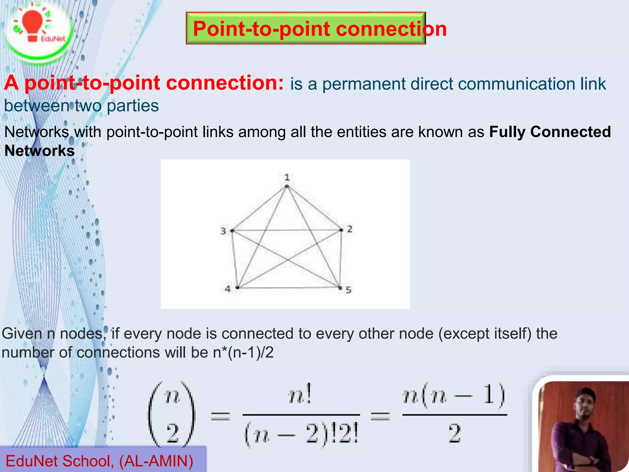 Given n nodes, if every node is connected to every other node (except itself) the
number of connections will be n*(n-1)/2
Networks with point-to-point links among all the entities are known as Fully Connected
Networks
A point-to-point connection: is a permanent direct communication link
between two parties
Point-to-point connection
EduNet School, (AL-AMIN)
 