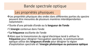 Les propriétés physiques
❖Les propriétés physiques des ondes dans différentes parties du spectre
peuvent être mesurées de plusieurs manières interdépendantes
notamment :
✓Durée d’une période d’onde ou la longueur de l’onde
✓L’énergie contenue dans l’onde
✓La fréquence oscillante de l’onde
❖Alors que la transmission du signal électrique tend à utiliser la
fréquence pour désigner l’occupation spectrale, la communication
optique utilise des longueurs d’onde pour désigner la région
d’exploitation spectrale et l’énergie photonique ou puissance optique
Bande spectrale optique
 