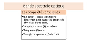 ❖En outre, Il existe trois façons
différentes de mesurer les propriétés
physiques d’une onde,
✓Longueur d’onde (λ) en mètres
✓Fréquence (f) en Hz
✓Énergie des photons (E) dans eV
Les propriétés physiques
Bande spectrale optique
 