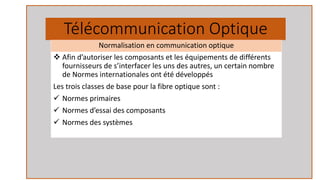 Télécommunication Optique
❖ Afin d’autoriser les composants et les équipements de différents
fournisseurs de s’interfacer les uns des autres, un certain nombre
de Normes internationales ont été développés
Les trois classes de base pour la fibre optique sont :
✓ Normes primaires
✓ Normes d’essai des composants
✓ Normes des systèmes
Normalisation en communication optique
 