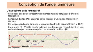 C’est quoi une onde lumineuse?
• Les ondes ont deux caractéristiques importantes -longueur d’onde et
fréquence.
• Longueur d’onde (λ) : Distance entre les pics d’une onde mesurée en
mètres.
• les longueurs d’onde lumineuses sont de l’ordre de nanomètres (1 x 10-9)
• Fréquence (f) : C’est le nombre de fois que les pics se reproduisent en une
unité de temps, mesuré en cycles par seconde ou Hertz (Hz)
• .
Conception de l’onde lumineuse
 