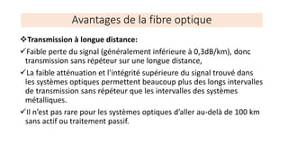 Avantages de la fibre optique
❖Transmission à longue distance:
✓Faible perte du signal (généralement inférieure à 0,3dB/km), donc
transmission sans répéteur sur une longue distance,
✓La faible atténuation et l’intégrité supérieure du signal trouvé dans
les systèmes optiques permettent beaucoup plus des longs intervalles
de transmission sans répéteur que les intervalles des systèmes
métalliques.
✓Il n’est pas rare pour les systèmes optiques d’aller au-delà de 100 km
sans actif ou traitement passif.
 