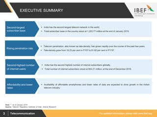 For updated information, please visit www.ibef.orgTelecommunication3
EXECUTIVE SUMMARY
 India has the second largest telecom network in the world.
 Total subscriber base in the country stood at 1,203.77 million at the end of January 2019.
Second-largest
subscriber base
 India has the second highest number of internet subscribers globally.
 Total number of internet subscribers stood at 604.21 million, at the end of December 2018.
Second-highest number
of internet users
 Telecom penetration, also known as tele-density, has grown rapidly over the course of the past few years.
 Tele-density grew from 18.23 per cent in FY07 to 91.82 per cent in FY19*.
Rising penetration rate
 Availability of affordable smartphones and lower rates of data are expected to drive growth in the Indian
telecom industry.
Affordability and lower
rates
Source: Telecom Regulatory Authority of India, Aranca Research
Note: * - as of January 2019
 