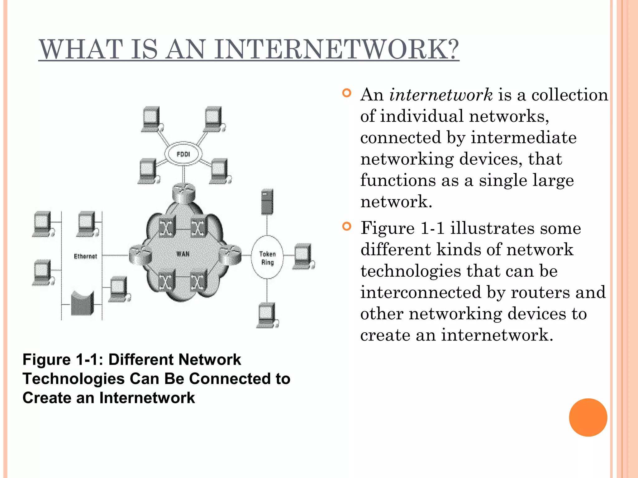 WHAT IS AN INTERNETWORK?
 An internetwork is a collection
of individual networks,
connected by intermediate
networking devices, that
functions as a single large
network.
 Figure 1-1 illustrates some
different kinds of network
technologies that can be
interconnected by routers and
other networking devices to
create an internetwork.
Figure 1-1: Different Network 
Technologies Can Be Connected to 
Create an Internetwork
 