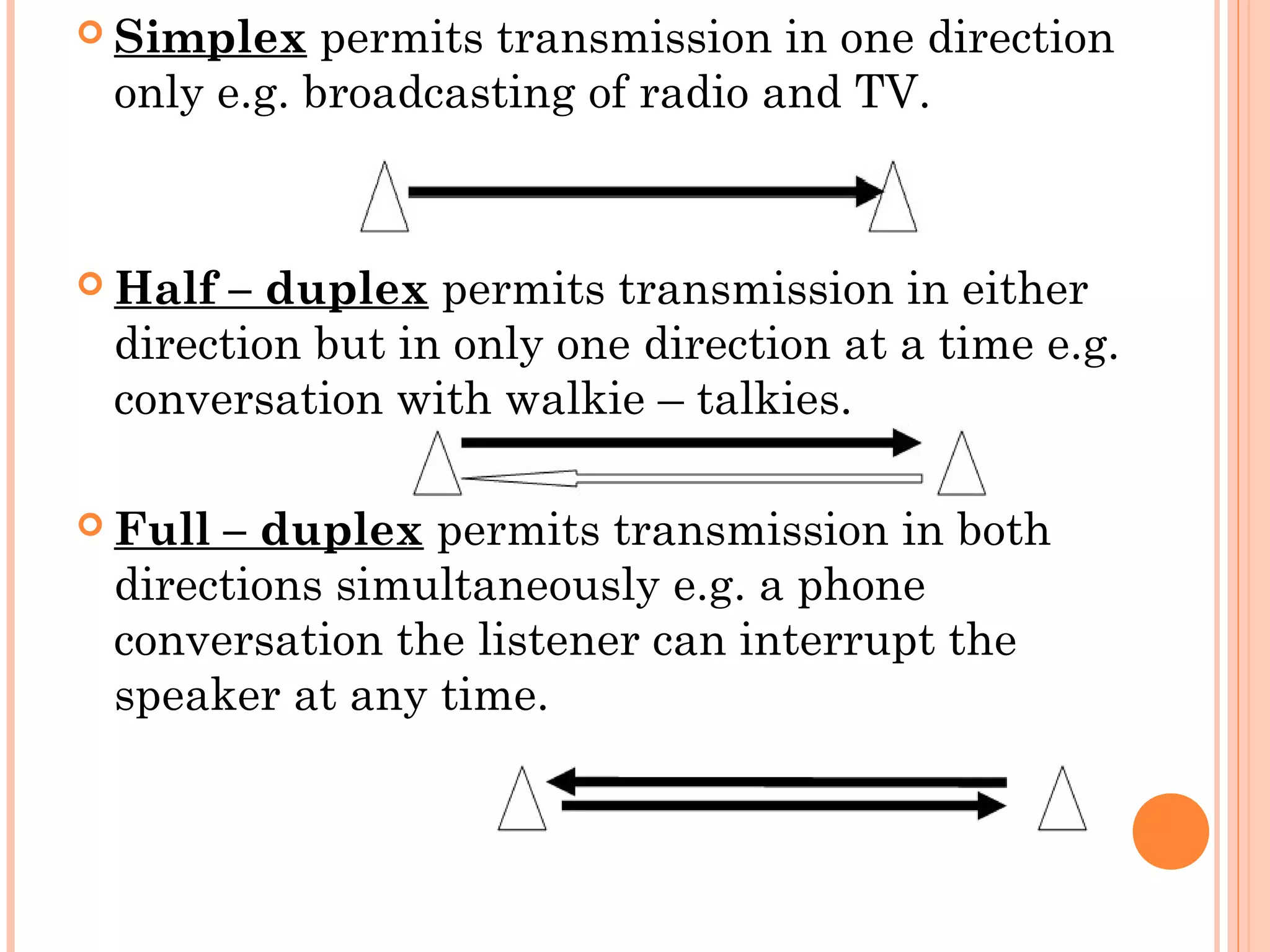  Simplex permits transmission in one direction
only e.g. broadcasting of radio and TV.
 
 Half – duplex permits transmission in either
direction but in only one direction at a time e.g.
conversation with walkie – talkies. 
 Full – duplex permits transmission in both
directions simultaneously e.g. a phone
conversation the listener can interrupt the
speaker at any time.
 