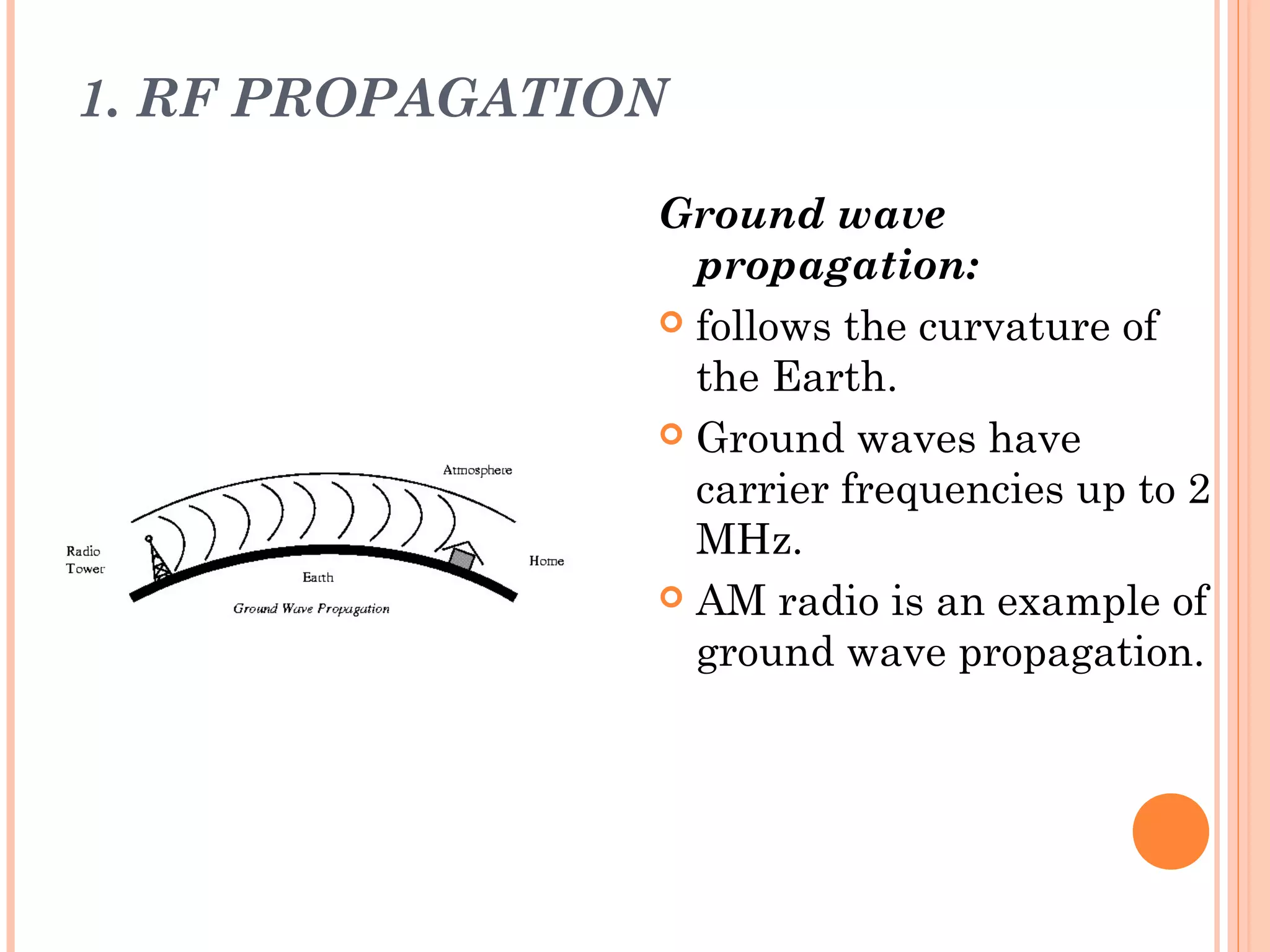 1. RF PROPAGATION
Ground wave
propagation:
 follows the curvature of
the Earth.
 Ground waves have
carrier frequencies up to 2
MHz.
 AM radio is an example of
ground wave propagation.
 