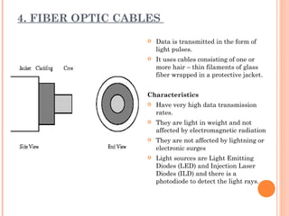 4. FIBER OPTIC CABLES
 Data is transmitted in the form of
light pulses.
 It uses cables consisting of one or
more hair – thin filaments of glass
fiber wrapped in a protective jacket.
Characteristics
 Have very high data transmission
rates.
 They are light in weight and not
affected by electromagnetic radiation
 They are not affected by lightning or
electronic surges
 Light sources are Light Emitting
Diodes (LED) and Injection Laser
Diodes (ILD) and there is a
photodiode to detect the light rays.
 