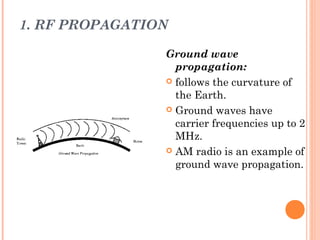 1. RF PROPAGATION
Ground wave
propagation:
 follows the curvature of
the Earth.
 Ground waves have
carrier frequencies up to 2
MHz.
 AM radio is an example of
ground wave propagation.
 