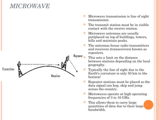MICROWAVE
 Microwave transmission is line of sight
transmission.
 The transmit station must be in visible
contact with the receive station.
 Microwave antennas are usually
put/placed on top of buildings, towers,
hills and maintain peaks.
 The antennas house radio transmitters
and receivers (transceivers) known as
repeaters.
 This sets a limit on the distance
between stations depending on the local
geography.
 Typically the line of sight due to the
Earth's curvature is only 50 km to the
horizon!
 Repeater stations must be placed so the
data signal can hop, skip and jump
across the country.
 Microwaves operate at high operating
frequencies of 3 to 10 GHz.
 This allows them to carry large
quantities of data due to their large
bandwidth.
 