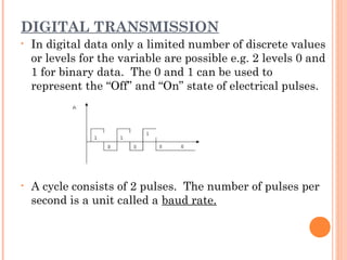 DIGITAL TRANSMISSION
• In digital data only a limited number of discrete values
or levels for the variable are possible e.g. 2 levels 0 and
1 for binary data. The 0 and 1 can be used to
represent the “Off” and “On” state of electrical pulses.
• A cycle consists of 2 pulses. The number of pulses per
second is a unit called a baud rate.
 