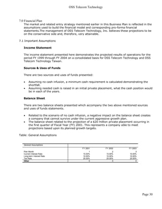 OSS Telecom Technology



7.0 Financial Plan
   The market and related entry strategy mentioned earlier in this Business Plan is reflected in the
   assumptions used to build the financial model and corresponding pro-forma financial
   statements.The management of OSS Telecom Technology, Inc. believes these projections to be
   on the conservative side and, therefore, very attainable.

7.1 Important Assumptions

   Income Statement

   The income statement presented here demonstrates the projected results of operations for the
   period FY 1999 through FY 2004 on a consolidated basis for OSS Telecom Technology and OSS
   Telecom Technology Taiwan.

   Sources & Uses of Funds

   There are two sources and uses of funds presented:

       Assuming no cash infusion, a minimum cash requirement is calculated demonstrating the
        shortfall.
       Assuming needed cash is raised in an initial private placement, what the cash position would
        be in each of the years.

   Balance Sheet

   There are two balance sheets presented which accompany the two above mentioned sources
   and uses of funds statements.

       Related to the scenario of no cash infusion, a negative impact on the balance sheet creates
        a company that cannot survive under the current aggressive growth plan.
       The balance sheet related to the projection of a $20 million private placement occurring in
        the first quarter of Fiscal Year (FY) 2001. This represents a company able to meet
        projections based upon its planned growth targets.

Table: General Assumptions


   General Assumptions
                                                FY 2001          FY 2002           FY 2003
   Plan Month                                        1                 2                3
   Current Interest Rate                        10.00%            10.00%           10.00%
   Long-term Interest Rate                      10.00%            10.00%           10.00%
   Tax Rate                                     25.00%            25.00%           25.00%
   Other                                             0                 0                0




                                                                                             Page 30
 