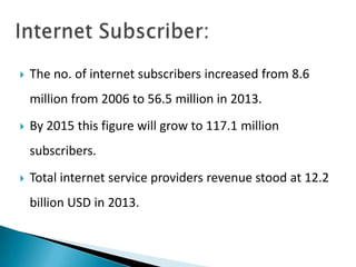  The no. of internet subscribers increased from 8.6
million from 2006 to 56.5 million in 2013.
 By 2015 this figure will grow to 117.1 million
subscribers.
 Total internet service providers revenue stood at 12.2
billion USD in 2013.
 