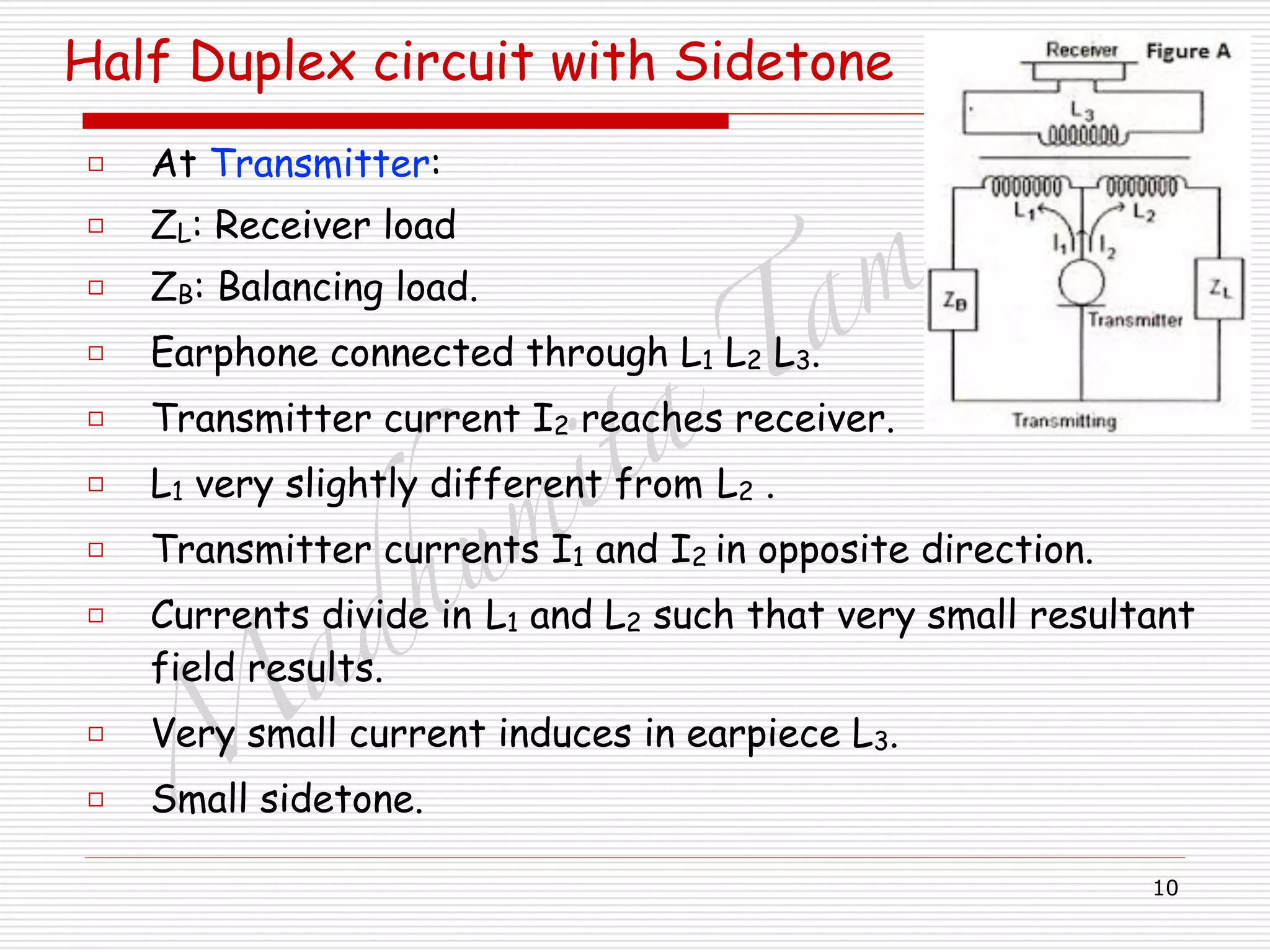 M
adhum
ita
T
am
hane
10
Half Duplex circuit with Sidetone
□ At Transmitter:
□ ZL: Receiver load
□ ZB: Balancing load.
□ Earphone connected through L1 L2 L3.
□ Transmitter current I2 reaches receiver.
□ L1 very slightly different from L2 .
□ Transmitter currents I1 and I2 in opposite direction.
□ Currents divide in L1 and L2 such that very small resultant
field results.
□ Very small current induces in earpiece L3.
□ Small sidetone.
 