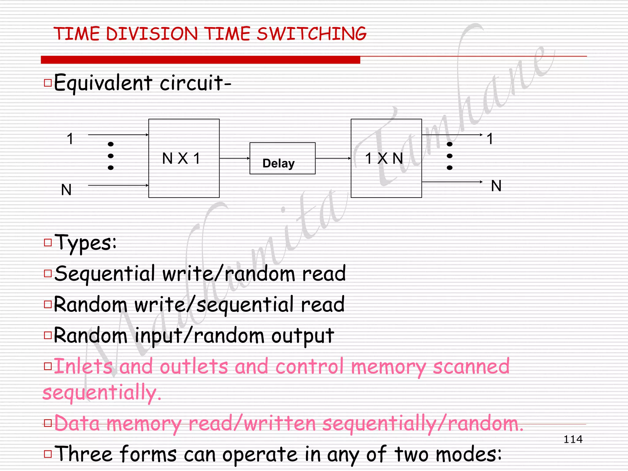 M
adhum
ita
T
am
hane
114
TIME DIVISION TIME SWITCHING
□Equivalent circuit-
!
!
!
!
□Types:
□Sequential write/random read
□Random write/sequential read
□Random input/random output
□Inlets and outlets and control memory scanned
sequentially.
□Data memory read/written sequentially/random.
□Three forms can operate in any of two modes:
N X 1 1 X NDelay
NN
11
 
