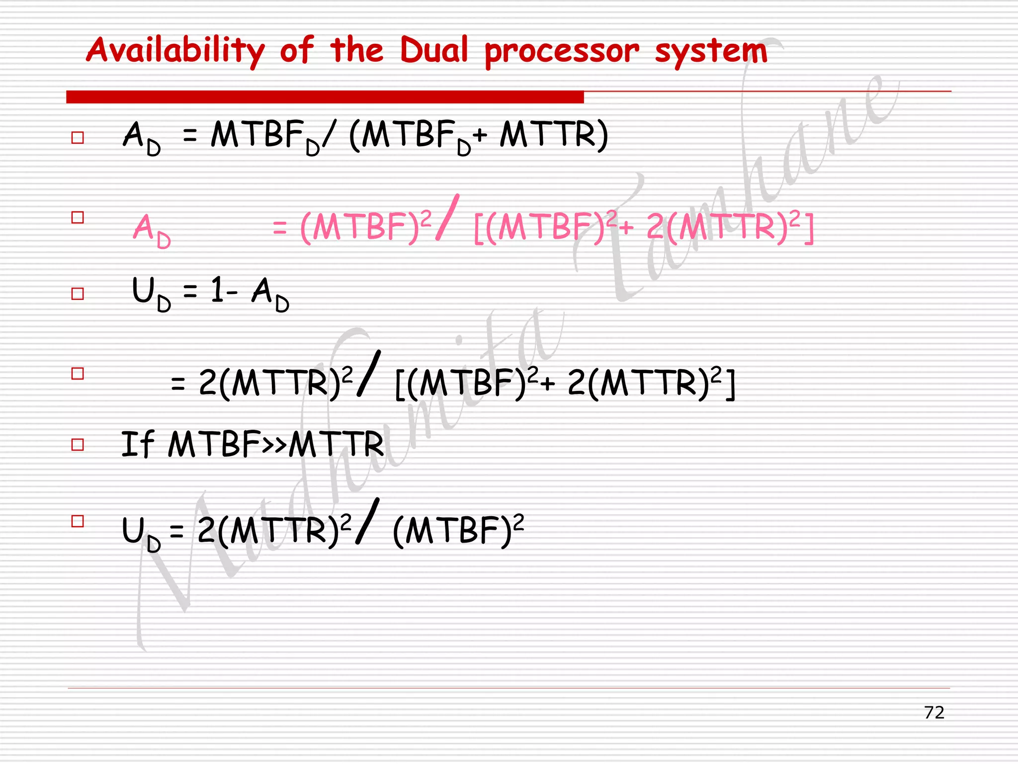 M
adhum
ita
T
am
hane
72
Availability of the Dual processor system 
□ AD = MTBFD/ (MTBFD+ MTTR)
□ AD = (MTBF)2
/ [(MTBF)2
+ 2(MTTR)2
]
□ UD = 1- AD
□ = 2(MTTR)2
/ [(MTBF)2
+ 2(MTTR)2
]
□ If MTBF>>MTTR
□ UD = 2(MTTR)2
/ (MTBF)2
 