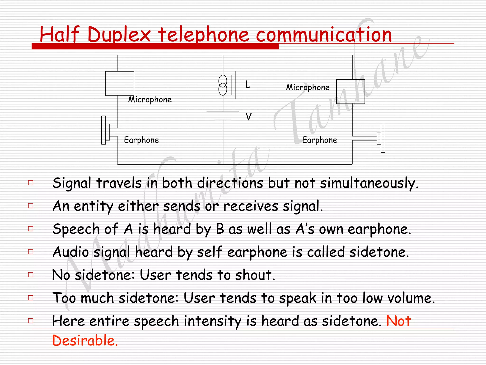 M
adhum
ita
T
am
hane
Half Duplex telephone communication
□ Signal travels in both directions but not simultaneously.
□ An entity either sends or receives signal.
□ Speech of A is heard by B as well as A’s own earphone.
□ Audio signal heard by self earphone is called sidetone.
□ No sidetone: User tends to shout.
□ Too much sidetone: User tends to speak in too low volume.
□ Here entire speech intensity is heard as sidetone. Not
Desirable.
Earphone
Microphone
L
V
Earphone
Microphone
 