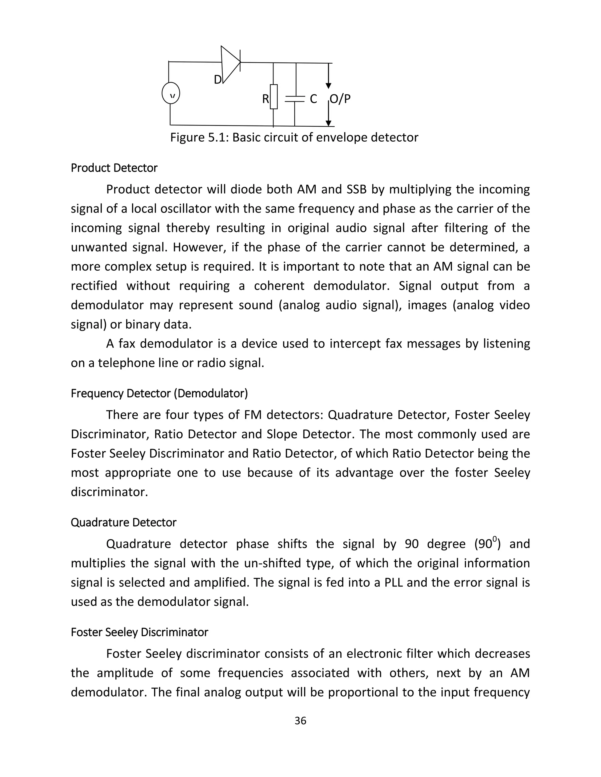 36
D
V R C O/P
Figure 5.1: Basic circuit of envelope detector
Product Detector
Product detector will diode both AM and SSB by multiplying the incoming
signal of a local oscillator with the same frequency and phase as the carrier of the
incoming signal thereby resulting in original audio signal after filtering of the
unwanted signal. However, if the phase of the carrier cannot be determined, a
more complex setup is required. It is important to note that an AM signal can be
rectified without requiring a coherent demodulator. Signal output from a
demodulator may represent sound (analog audio signal), images (analog video
signal) or binary data.
A fax demodulator is a device used to intercept fax messages by listening
on a telephone line or radio signal.
Frequency Detector (Demodulator)
There are four types of FM detectors: Quadrature Detector, Foster Seeley
Discriminator, Ratio Detector and Slope Detector. The most commonly used are
Foster Seeley Discriminator and Ratio Detector, of which Ratio Detector being the
most appropriate one to use because of its advantage over the foster Seeley
discriminator.
Quadrature Detector
Quadrature detector phase shifts the signal by 90 degree (900
) and
multiplies the signal with the un-shifted type, of which the original information
signal is selected and amplified. The signal is fed into a PLL and the error signal is
used as the demodulator signal.
Foster Seeley Discriminator
Foster Seeley discriminator consists of an electronic filter which decreases
the amplitude of some frequencies associated with others, next by an AM
demodulator. The final analog output will be proportional to the input frequency
v
 