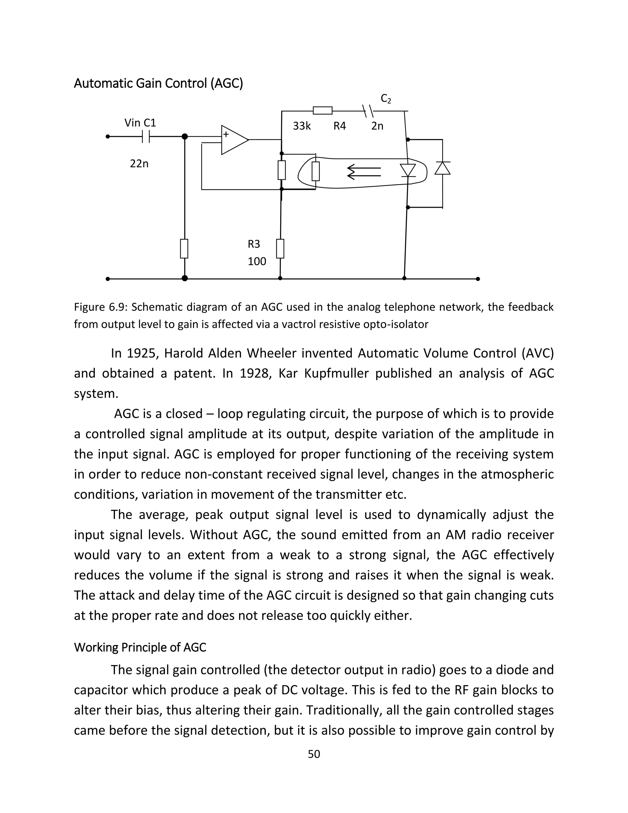 50
Automatic Gain Control (AGC)
Figure 6.9: Schematic diagram of an AGC used in the analog telephone network, the feedback
from output level to gain is affected via a vactrol resistive opto-isolator
In 1925, Harold Alden Wheeler invented Automatic Volume Control (AVC)
and obtained a patent. In 1928, Kar Kupfmuller published an analysis of AGC
system.
AGC is a closed – loop regulating circuit, the purpose of which is to provide
a controlled signal amplitude at its output, despite variation of the amplitude in
the input signal. AGC is employed for proper functioning of the receiving system
in order to reduce non-constant received signal level, changes in the atmospheric
conditions, variation in movement of the transmitter etc.
The average, peak output signal level is used to dynamically adjust the
input signal levels. Without AGC, the sound emitted from an AM radio receiver
would vary to an extent from a weak to a strong signal, the AGC effectively
reduces the volume if the signal is strong and raises it when the signal is weak.
The attack and delay time of the AGC circuit is designed so that gain changing cuts
at the proper rate and does not release too quickly either.
Working Principle of AGC
The signal gain controlled (the detector output in radio) goes to a diode and
capacitor which produce a peak of DC voltage. This is fed to the RF gain blocks to
alter their bias, thus altering their gain. Traditionally, all the gain controlled stages
came before the signal detection, but it is also possible to improve gain control by
Vin C1
22n
33k R4 2n
R3
100
k
C2
+
-
 