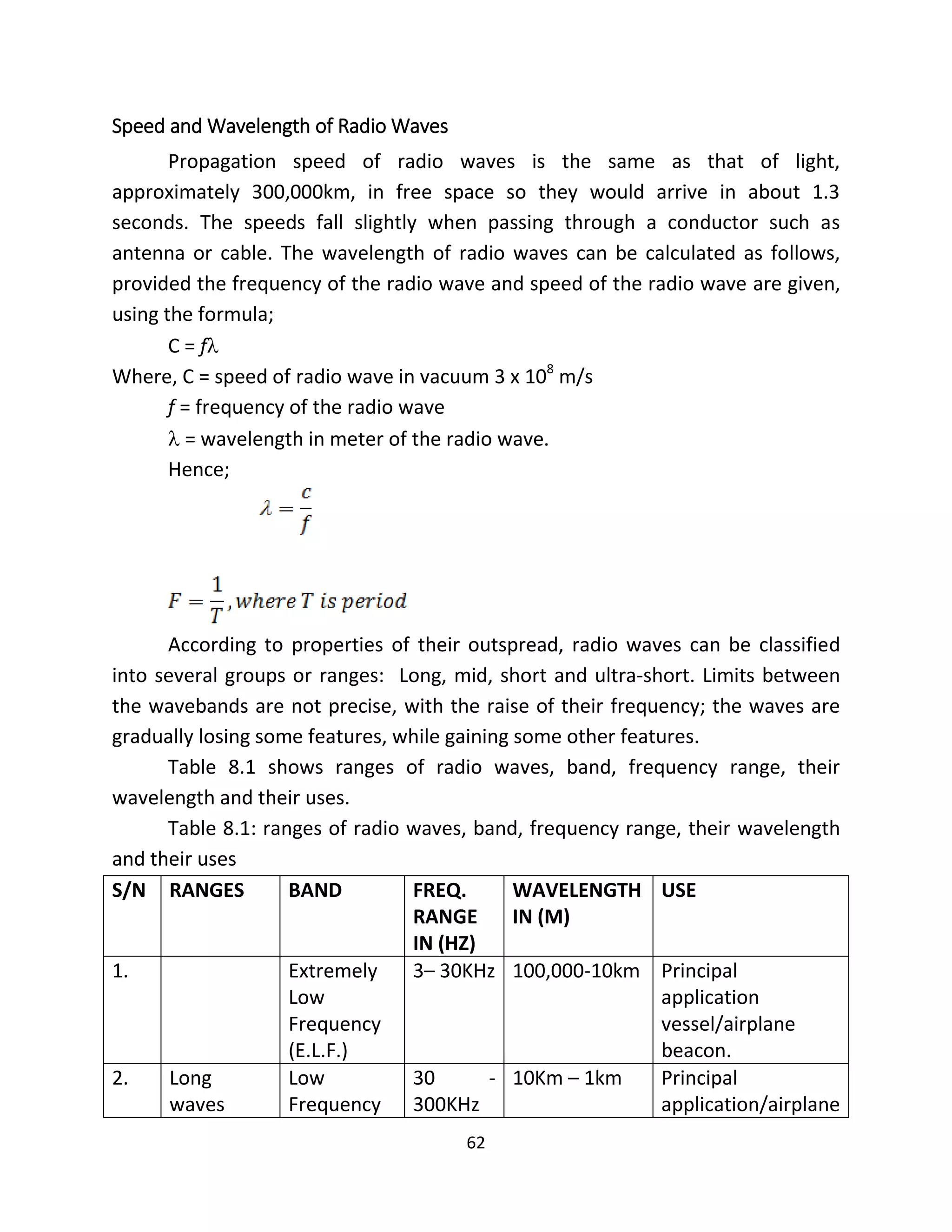 62
Speed and Wavelength of Radio Waves
Propagation speed of radio waves is the same as that of light,
approximately 300,000km, in free space so they would arrive in about 1.3
seconds. The speeds fall slightly when passing through a conductor such as
antenna or cable. The wavelength of radio waves can be calculated as follows,
provided the frequency of the radio wave and speed of the radio wave are given,
using the formula;
C = f
Where, C = speed of radio wave in vacuum 3 x 108
m/s
f = frequency of the radio wave
 = wavelength in meter of the radio wave.
Hence;
According to properties of their outspread, radio waves can be classified
into several groups or ranges: Long, mid, short and ultra-short. Limits between
the wavebands are not precise, with the raise of their frequency; the waves are
gradually losing some features, while gaining some other features.
Table 8.1 shows ranges of radio waves, band, frequency range, their
wavelength and their uses.
Table 8.1: ranges of radio waves, band, frequency range, their wavelength
and their uses
S/N RANGES BAND FREQ.
RANGE
IN (HZ)
WAVELENGTH
IN (M)
USE
1. Extremely
Low
Frequency
(E.L.F.)
3– 30KHz 100,000-10km Principal
application
vessel/airplane
beacon.
2. Long
waves
Low
Frequency
30 -
300KHz
10Km – 1km Principal
application/airplane
 