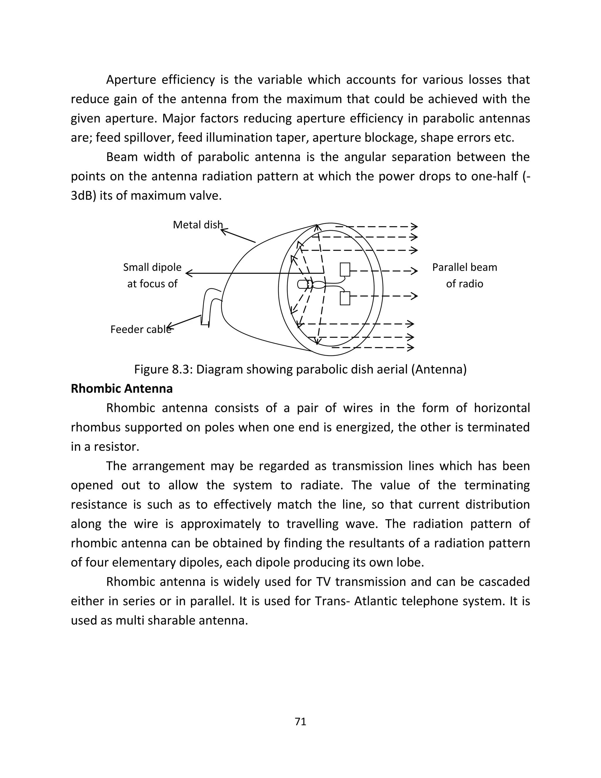 71
Aperture efficiency is the variable which accounts for various losses that
reduce gain of the antenna from the maximum that could be achieved with the
given aperture. Major factors reducing aperture efficiency in parabolic antennas
are; feed spillover, feed illumination taper, aperture blockage, shape errors etc.
Beam width of parabolic antenna is the angular separation between the
points on the antenna radiation pattern at which the power drops to one-half (-
3dB) its of maximum valve.
Figure 8.3: Diagram showing parabolic dish aerial (Antenna)
Rhombic Antenna
Rhombic antenna consists of a pair of wires in the form of horizontal
rhombus supported on poles when one end is energized, the other is terminated
in a resistor.
The arrangement may be regarded as transmission lines which has been
opened out to allow the system to radiate. The value of the terminating
resistance is such as to effectively match the line, so that current distribution
along the wire is approximately to travelling wave. The radiation pattern of
rhombic antenna can be obtained by finding the resultants of a radiation pattern
of four elementary dipoles, each dipole producing its own lobe.
Rhombic antenna is widely used for TV transmission and can be cascaded
either in series or in parallel. It is used for Trans- Atlantic telephone system. It is
used as multi sharable antenna.
Metal dish
Feeder cable
Small dipole
at focus of
dish
Parallel beam
of radio
waves
 