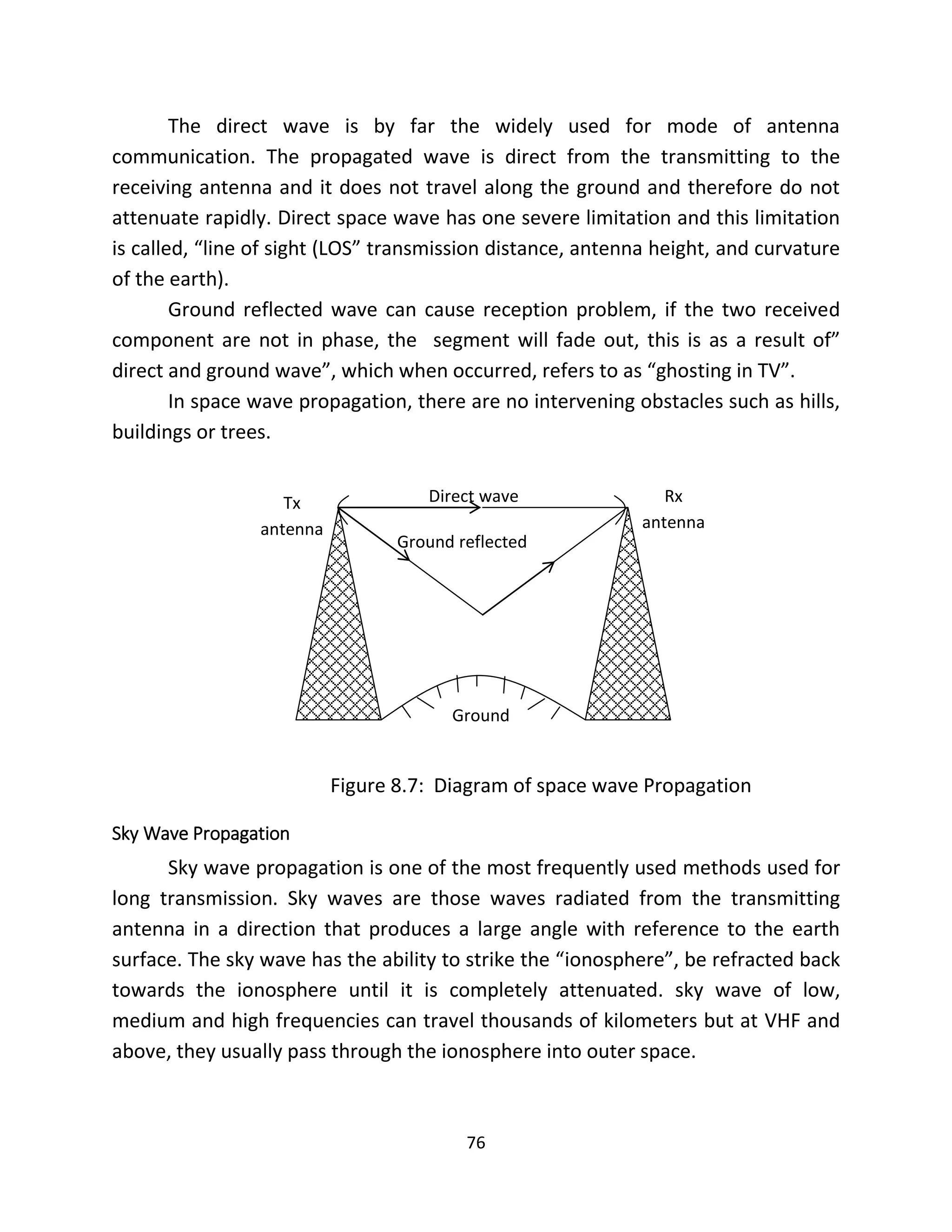 76
The direct wave is by far the widely used for mode of antenna
communication. The propagated wave is direct from the transmitting to the
receiving antenna and it does not travel along the ground and therefore do not
attenuate rapidly. Direct space wave has one severe limitation and this limitation
is called, “line of sight (LOS” transmission distance, antenna height, and curvature
of the earth).
Ground reflected wave can cause reception problem, if the two received
component are not in phase, the segment will fade out, this is as a result of”
direct and ground wave”, which when occurred, refers to as “ghosting in TV”.
In space wave propagation, there are no intervening obstacles such as hills,
buildings or trees.
Figure 8.7: Diagram of space wave Propagation
Sky Wave Propagation
Sky wave propagation is one of the most frequently used methods used for
long transmission. Sky waves are those waves radiated from the transmitting
antenna in a direction that produces a large angle with reference to the earth
surface. The sky wave has the ability to strike the “ionosphere”, be refracted back
towards the ionosphere until it is completely attenuated. sky wave of low,
medium and high frequencies can travel thousands of kilometers but at VHF and
above, they usually pass through the ionosphere into outer space.
Direct wave
Ground reflected
wave
Ground
Rx
antenna
Tx
antenna
 