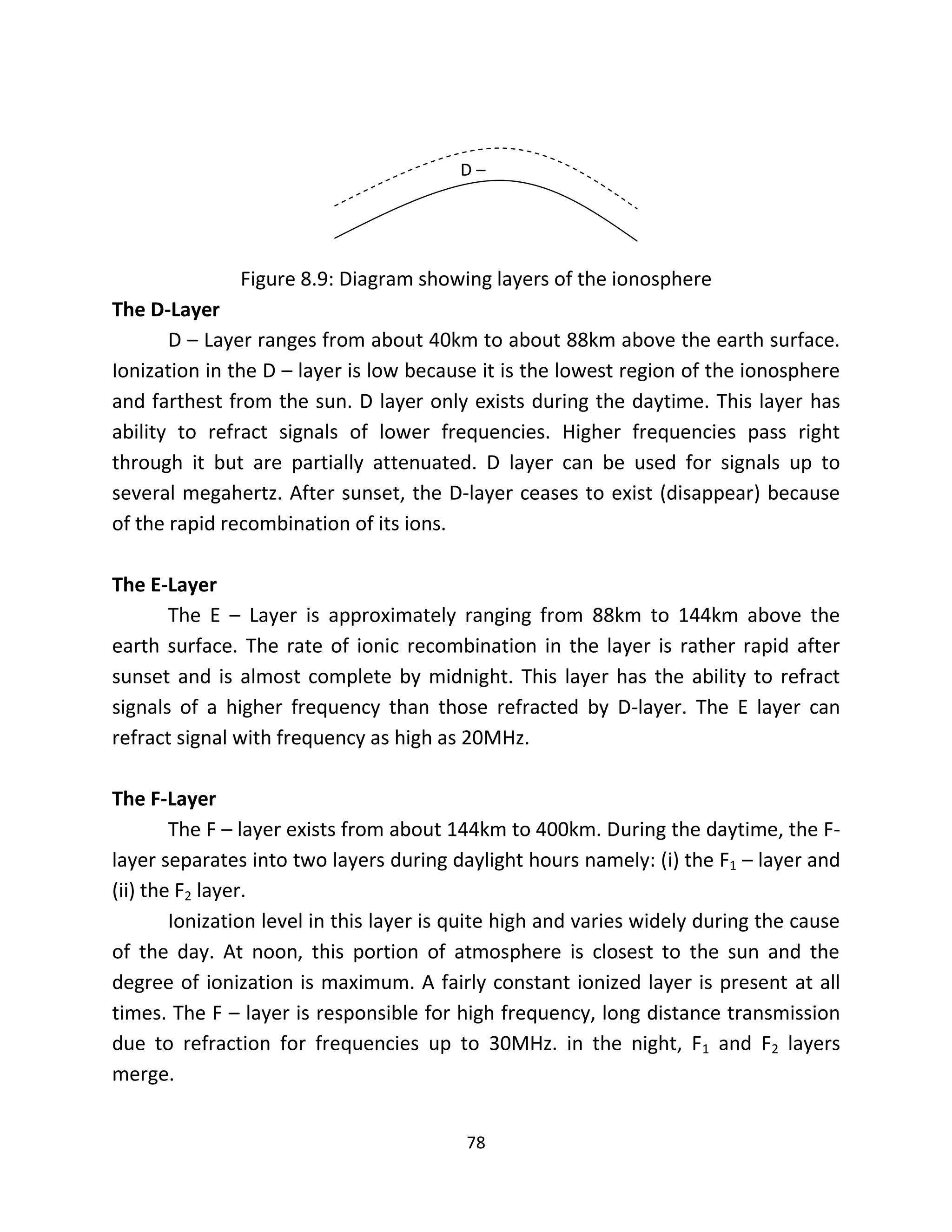 78
Figure 8.9: Diagram showing layers of the ionosphere
The D-Layer
D – Layer ranges from about 40km to about 88km above the earth surface.
Ionization in the D – layer is low because it is the lowest region of the ionosphere
and farthest from the sun. D layer only exists during the daytime. This layer has
ability to refract signals of lower frequencies. Higher frequencies pass right
through it but are partially attenuated. D layer can be used for signals up to
several megahertz. After sunset, the D-layer ceases to exist (disappear) because
of the rapid recombination of its ions.
The E-Layer
The E – Layer is approximately ranging from 88km to 144km above the
earth surface. The rate of ionic recombination in the layer is rather rapid after
sunset and is almost complete by midnight. This layer has the ability to refract
signals of a higher frequency than those refracted by D-layer. The E layer can
refract signal with frequency as high as 20MHz.
The F-Layer
The F – layer exists from about 144km to 400km. During the daytime, the F-
layer separates into two layers during daylight hours namely: (i) the F1 – layer and
(ii) the F2 layer.
Ionization level in this layer is quite high and varies widely during the cause
of the day. At noon, this portion of atmosphere is closest to the sun and the
degree of ionization is maximum. A fairly constant ionized layer is present at all
times. The F – layer is responsible for high frequency, long distance transmission
due to refraction for frequencies up to 30MHz. in the night, F1 and F2 layers
merge.
D –
Layer
 