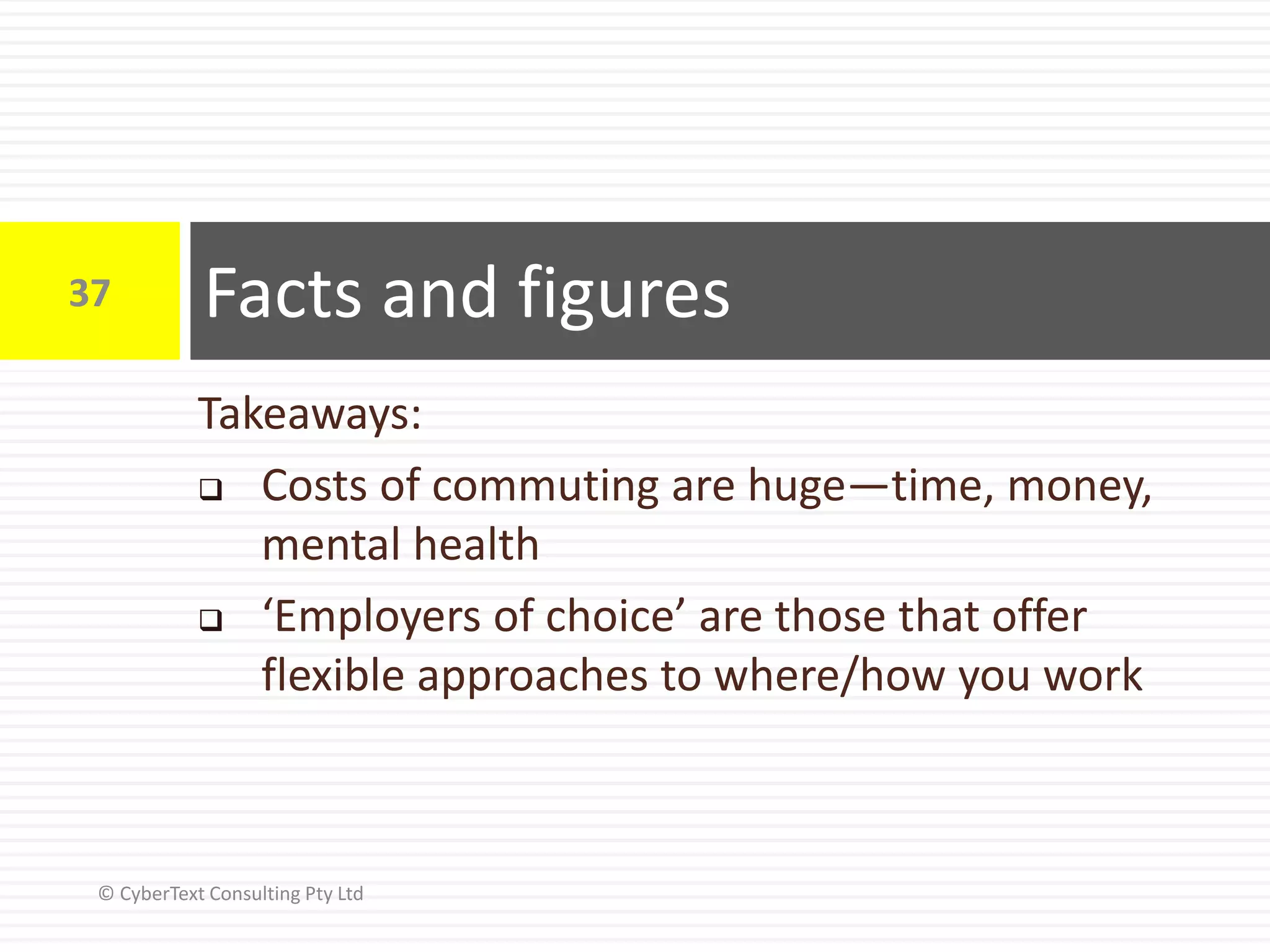Takeaways:
 Costs of commuting are huge—time, money,
mental health
 ‘Employers of choice’ are those that offer
flexible approaches to where/how you work
Facts and figures37
© CyberText Consulting Pty Ltd
 