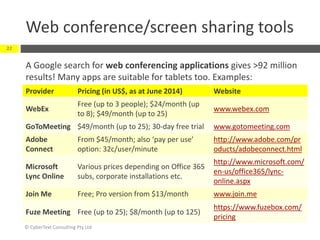 Web conference/screen sharing tools
© CyberText Consulting Pty Ltd
22
Provider Pricing (in US$, as at June 2014) Website
WebEx
Free (up to 3 people); $24/month (up
to 8); $49/month (up to 25)
www.webex.com
GoToMeeting $49/month (up to 25); 30-day free trial www.gotomeeting.com
Adobe
Connect
From $45/month; also ‘pay per use’
option: 32c/user/minute
http://www.adobe.com/pr
oducts/adobeconnect.html
Microsoft
Lync Online
Various prices depending on Office 365
subs, corporate installations etc.
http://www.microsoft.com/
en-us/office365/lync-
online.aspx
Join Me Free; Pro version from $13/month www.join.me
Fuze Meeting Free (up to 25); $8/month (up to 125)
https://www.fuzebox.com/
pricing
A Google search for web conferencing applications gives >92 million
results! Many apps are suitable for tablets too. Examples:
 