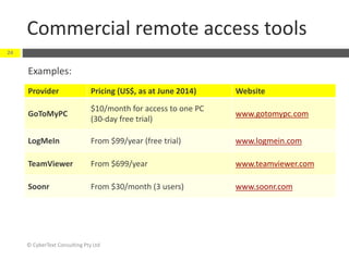 Commercial remote access tools
© CyberText Consulting Pty Ltd
24
Provider Pricing (US$, as at June 2014) Website
GoToMyPC
$10/month for access to one PC
(30-day free trial)
www.gotomypc.com
LogMeIn From $99/year (free trial) www.logmein.com
TeamViewer From $699/year www.teamviewer.com
Soonr From $30/month (3 users) www.soonr.com
Examples:
 