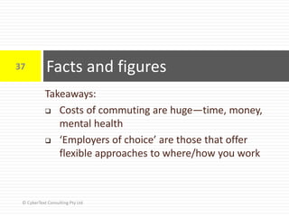 Takeaways:
 Costs of commuting are huge—time, money,
mental health
 ‘Employers of choice’ are those that offer
flexible approaches to where/how you work
Facts and figures37
© CyberText Consulting Pty Ltd
 