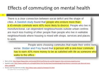 Effects of commuting on mental health
© CyberText Consulting Pty Ltd
40
 Main article: http://www.theguardian.com/society/2013/nov/01/secrets-worlds-happiest-cities-commute-property-prices
 Swedish study: http://www.samfak.umu.se/english/about-the-faculty/news/newsdetailpage/long-distance-commuters-get-divorced-more-
often.cid160978
 Stutzer and Frey (German study): http://ideas.repec.org/p/zur/iewwpx/151.html
 