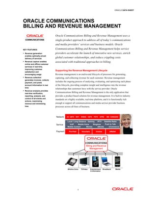 ORACLE DATA SHEET
1
ORACLE COMMUNICATIONS
BILLING AND REVENUE MANAGEMENT
KEY FEATURES:
• Revenue generation
enables optimally priced
delivery of services
• Revenue capture enables
online and offline customer
services in real time,
improving customer
satisfaction and
encouraging usage
• Revenue collection
generates invoices, collects
payment, and posts
account information in real
time
• Revenue analysis provides
real-time verification,
reporting, analysis, and
control of all events and
actions, maximizing
revenue and minimizing
loss
Oracle Communications Billing and Revenue Management uses a
single-product approach to address all of today’s communications
and media providers’ services and business models. Oracle
Communications Billing and Revenue Management helps service
providers accelerate the launch of innovative new services, enrich
global customer relationships, and reduce crippling costs
associated with traditional approaches to billing.
Supporting the Revenue Management Lifecycle
Revenue management is an end-to-end lifecycle of processes for generating,
capturing, and collecting revenue for each customer. Revenue management
includes the ongoing process of analyzing, evaluating, and optimizing each phase
of the lifecycle, providing complete insight and intelligence into the revenue
relationships that customers have with the service provider. Oracle
Communications Billing and Revenue Management is the only application that
provides a product-based solution for revenue management. It is built to industry
standards on a highly available, real-time platform, and it is functionally rich
enough to support all communications and media service provider business
processes across all lines of business.
Network
Service
Payment
3G UMTS WiFi WiMAX HSPA PSTN GPRS IMS
Local / Long Distance
VoIP
IPTV Satellite Radio
Mobile Voice
Gaming
Ringtone
Mobile Content Movies eBooks eCommerce
Pre-Paid Vouchers Invoice eWallet
CDMA2000
Push to Talk
Wireline Voice TV/Video Entertainment
& Information
Broadband Mobile
 