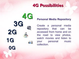 4G Possibilities Personal Media Repository Create a personal media repository that can be accessed from home and on the road to view photos, watch movies and listen to your personal music collection.  4G 3G 2G 1G 0G 