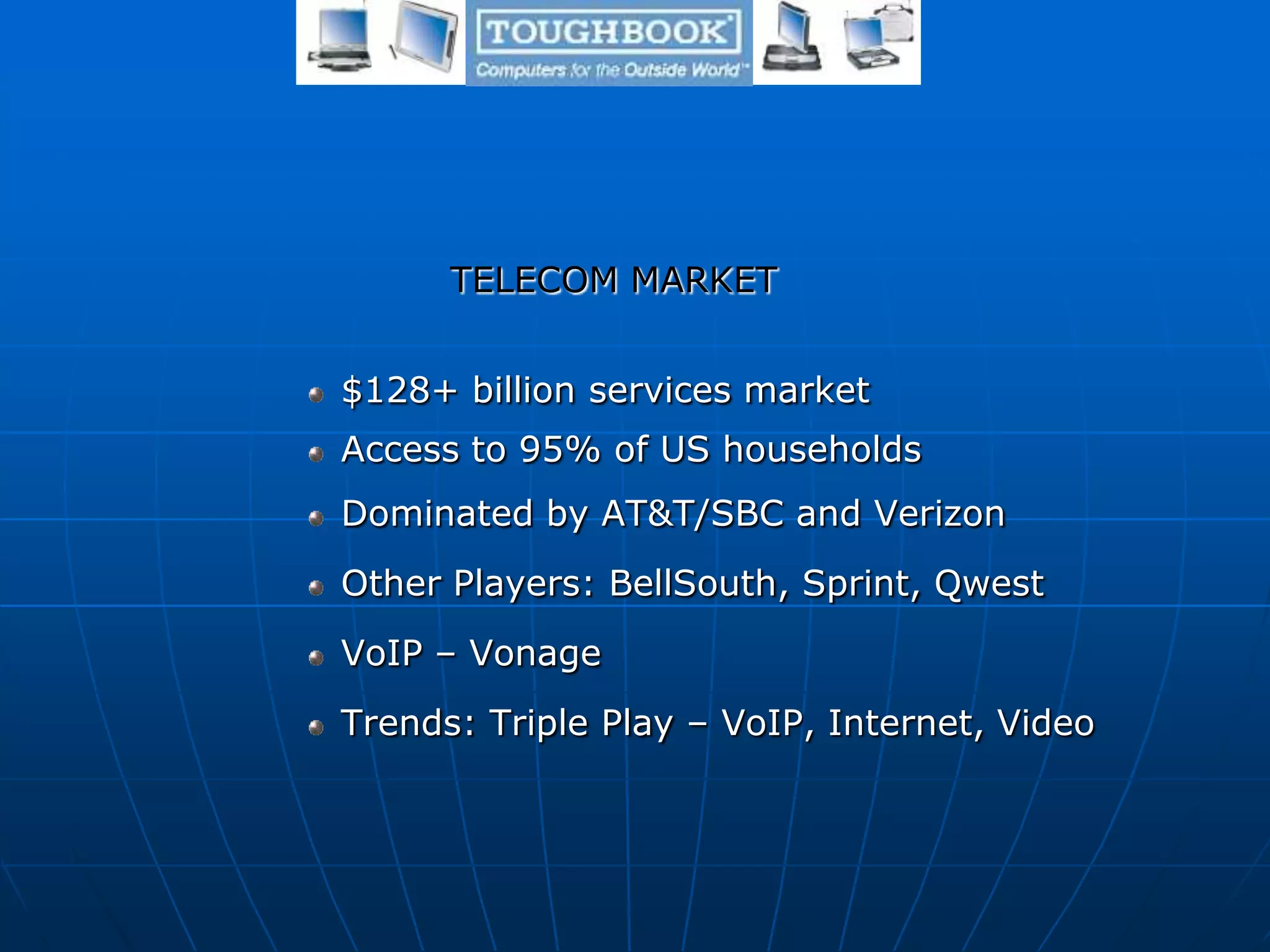 TELECOM MARKET
$128+ billion services market
Access to 95% of US households
Dominated by AT&T/SBC and Verizon
Other Players: BellSouth, Sprint, Qwest
VoIP – Vonage
Trends: Triple Play – VoIP, Internet, Video
 