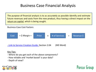 Business Case Financial Analysis
The purpose of financial analysis is to as accurately as possible identify and estimate
future revenues and costs from the new product, thus having a direct impact on the
return on capital, which is being sought.
Business Case Cost Factors:
PriceCost # of Services+ $ Margin = x Revenue $=
Key Tips:
- Where do you get each of the above components?
- How reliable and ‘market based’ is your data?
- Depth of view?
- Link to Service Creation Guide: Section 2.04 (MS Word)
 