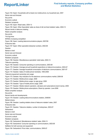 Find Industry reports, Company profiles
ReportLinker                                                                      and Market Statistics


Figure 163: Spain: Households with at least one mobile phone, by household size, 2007
Sector size and forecast
Key points
Economic outlook
Retailers' prospects
Figure 164: Spain: Retail sales, 2004-13
Figure 165: Spain: Other Specialists' sales as share of all non-food retailers' sales, 2004-13
Recent trends in telecoms retailing
Retail competitor analysis
Key points
The big three
MVNOs increasing competition
Figure 166: Spain: Leading telecommunications players, 2007/08
Enterprise data
Figure 167: Spain: Other specialist enterprise numbers, 2002-06
Sweden
Market in brief
Sector size and forecast
Economic outlook
Retailers' prospects
Figure 168: Sweden: Miscellaneous specialists' retail sales, 2004-13
Telecoms spending
Figure 169: Sweden: Consumer spending on communications, 2003-08
Figure 170: Sweden: Average annual household expenditure on telecommunications, 2003-07
Figure 171: Sweden: Average household consumption of electronic communications, 2001-07
Figure 172: Sweden: Sales of mobile phone handsets, 1993-2008
Telecoms equipment ownership and usage
Figure 173: Sweden: Key indicators for the electronic communications market, 2006-08
Figure 174: Sweden: Mobile phone usage, 2008
Figure 175: Sweden: Mobile phone usage, by age group, 2008
Figure 176: Sweden: Type of mobile phone usage, 2008
Figure 177: Sweden: Mobile network operators, call plans and subscriptions brand names, 2009
Figure 178: Sweden: Mobile phone subscriptions: Share by operator, June 2008
Retail competitor analysis
Key points
Recent trends and developments
Figure 179: Sweden: Leading telecommunications retailers, 2008/09
Market shares
Figure 180: Sweden: Leading retailers share of telecoms retailers' sales, 2007
Enterprise data
Figure 181: Sweden: Telecoms retailers, number of enterprises, 2003-07
Switzerland
Market in brief
Sector size and forecast
Economic outlook
Retailers' prospects
Figure 182: Switzerland: Miscellaneous retailers' sales, 2004-13
Figure 183: Switzerland: Consumer spending on communications, 2003-08
Deflation for both services and equipment
Figure 184: Switzerland: Price index, communications, 2005-07


Telecoms - Europe - April 2009                                                                               Page 12/20
 