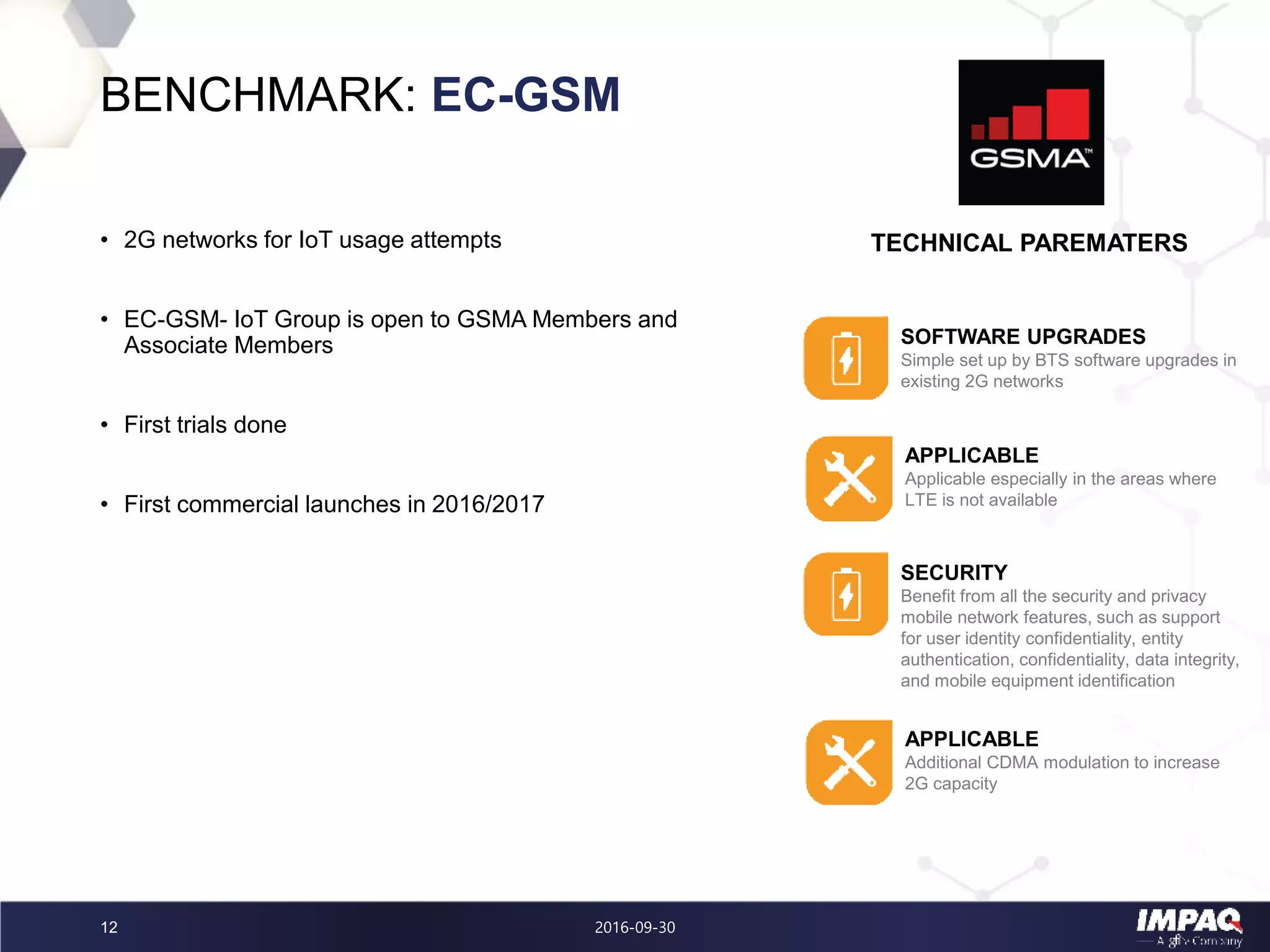 2016-09-3012
BENCHMARK: EC-GSM
• 2G networks for IoT usage attempts
• EC-GSM- IoT Group is open to GSMA Members and
Associate Members
• First trials done
• First commercial launches in 2016/2017
SOFTWARE UPGRADES
Simple set up by BTS software upgrades in
existing 2G networks
APPLICABLE
Applicable especially in the areas where
LTE is not available
TECHNICAL PAREMATERS
SECURITY
Benefit from all the security and privacy
mobile network features, such as support
for user identity confidentiality, entity
authentication, confidentiality, data integrity,
and mobile equipment identification
APPLICABLE
Additional CDMA modulation to increase
2G capacity
 